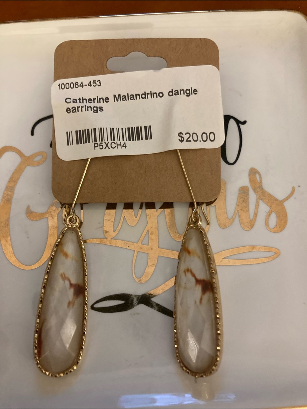 Catherine Malandrino Gold and Cream Marbled Teardrop Earrings